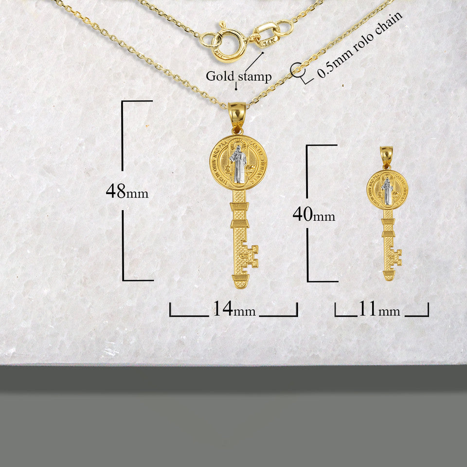 Two-Tone Gold Saint Benedict Medal Key Textured Pendant Necklace, view 5