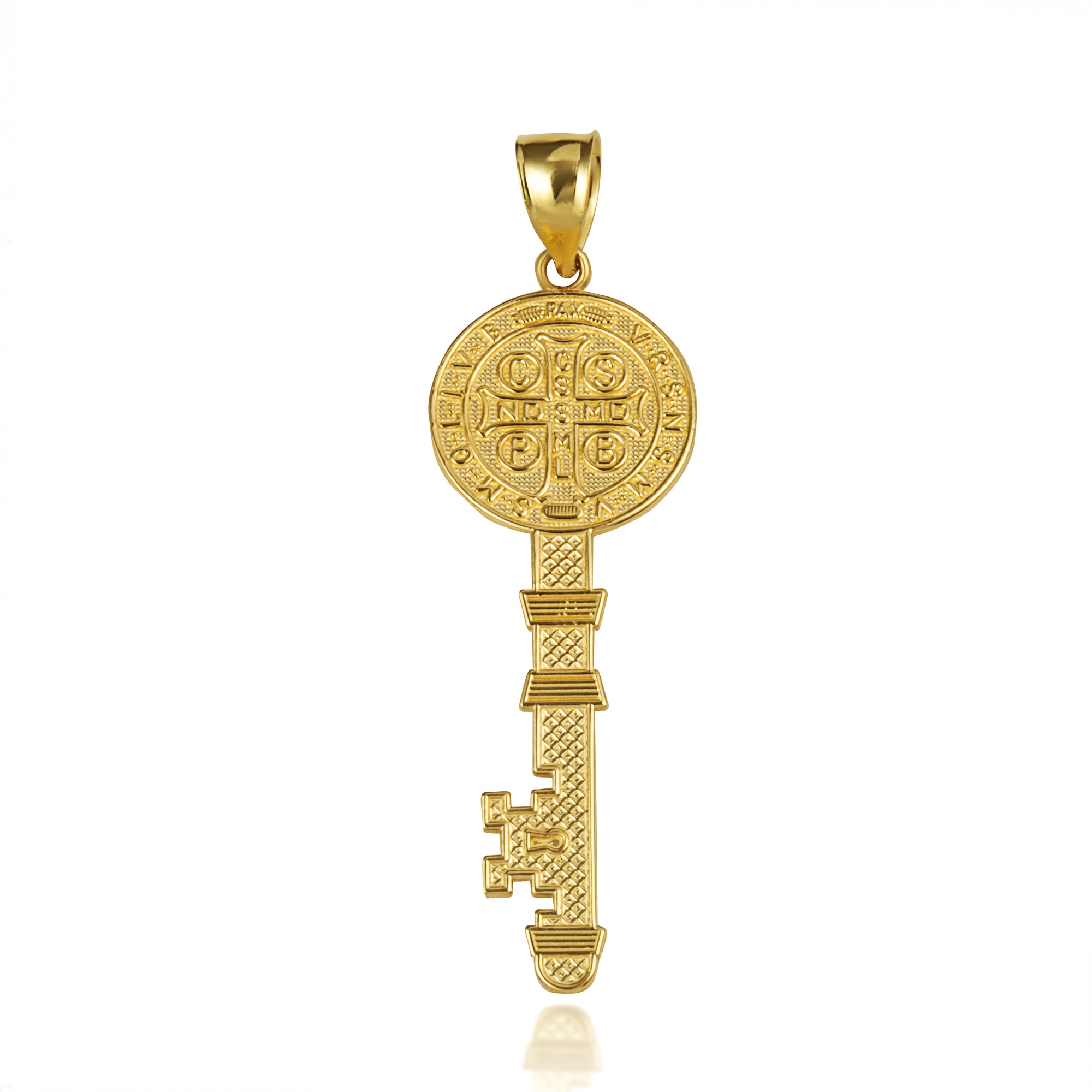 Two-Tone Gold Saint Benedict Medal Key Textured Pendant Necklace, view 6