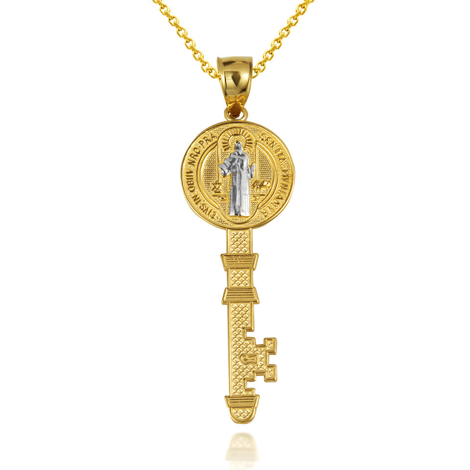 Two-Tone Gold Saint Benedict Medal Key Textured Pendant Necklace, view 7