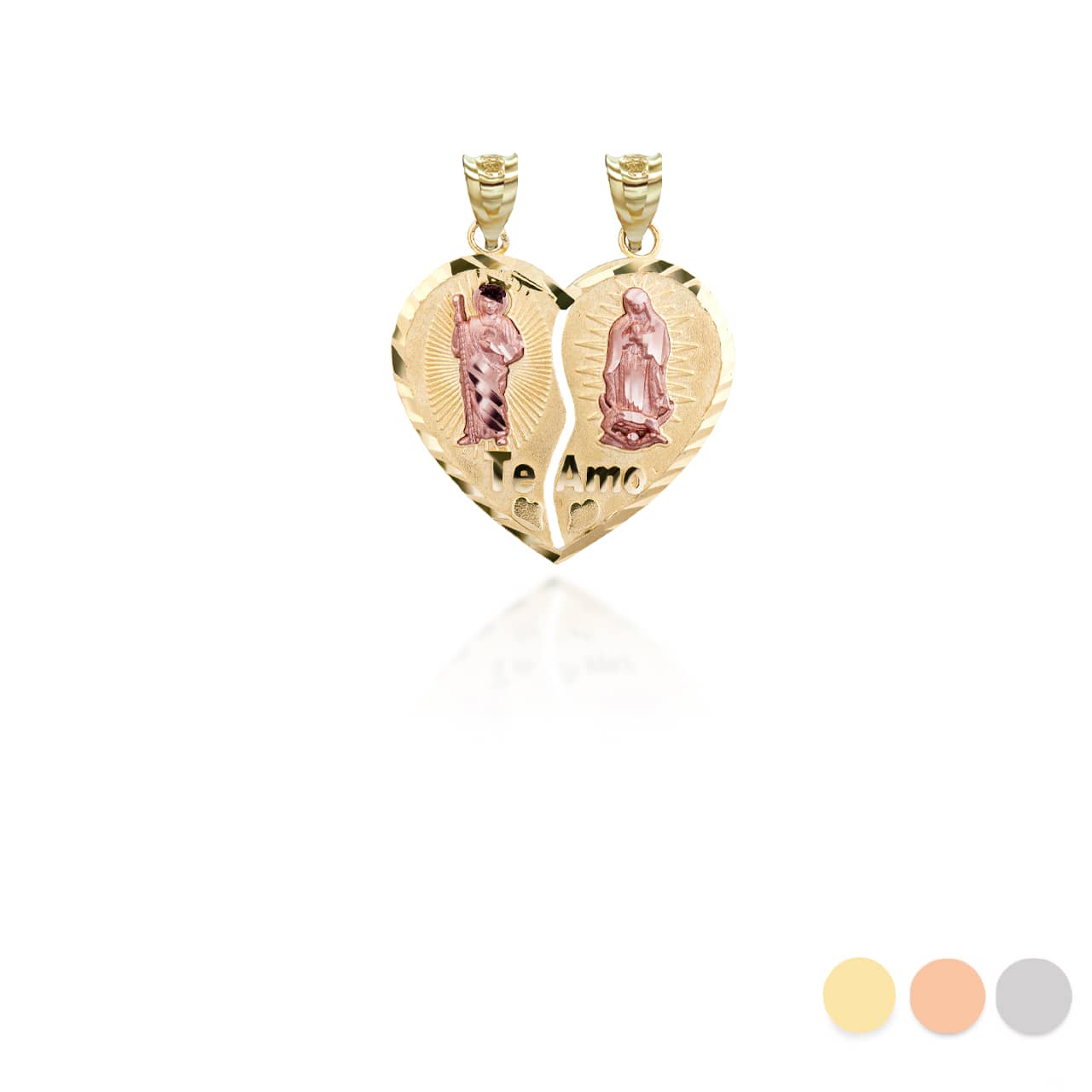 Two-Tone Gold Saint Jude and Our Lady of Guadalupe Te Amo Breakable Heart Pendant Necklace