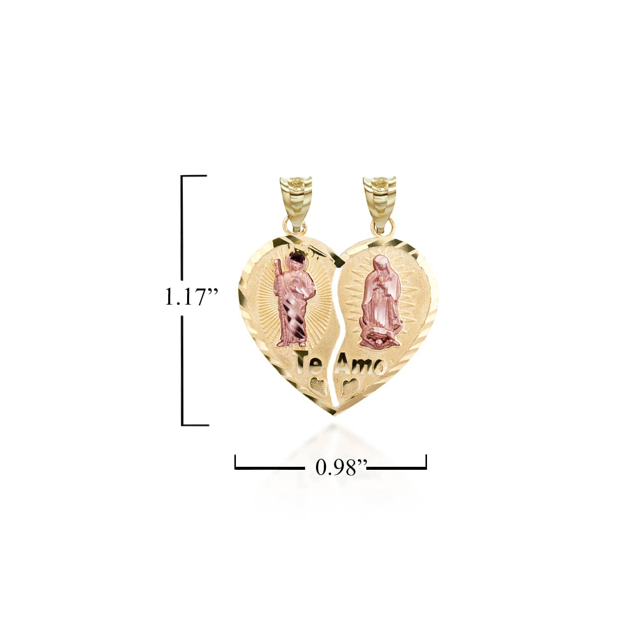 Two-Tone Gold Saint Jude and Our Lady of Guadalupe Te Amo Breakable Heart Pendant Necklace, view 4