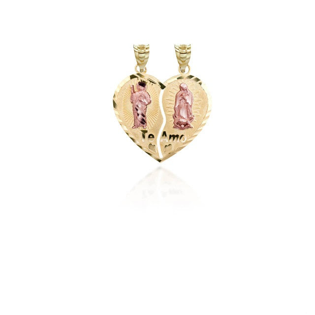 Two-Tone Gold Saint Jude and Our Lady of Guadalupe Te Amo Breakable Heart Pendant Necklace, view 10