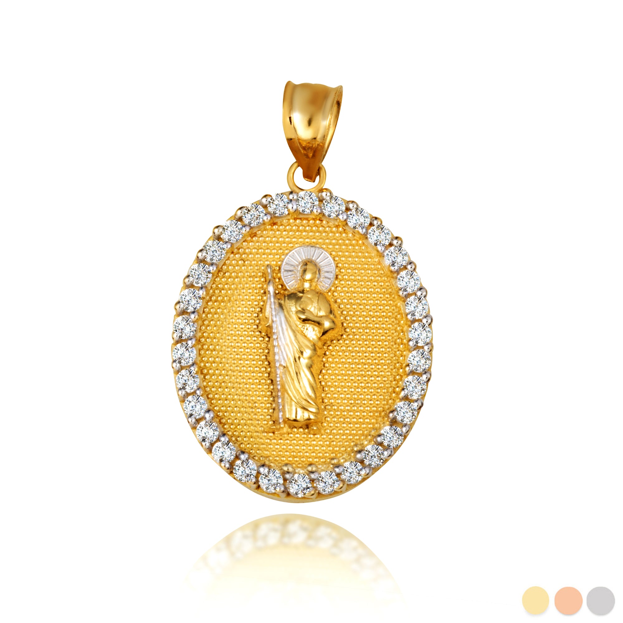 Two-Tone Gold Saint Jude Cubic Zirconia Oval Halo Beaded Medallion Pendant Necklace