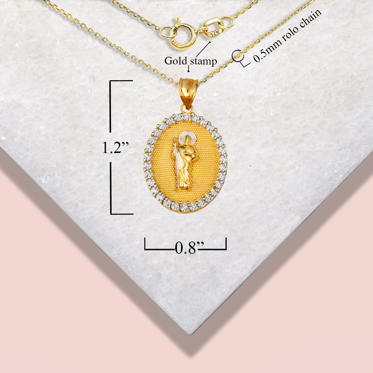 Two-Tone Gold Saint Jude Cubic Zirconia Oval Halo Beaded Medallion Pendant Necklace, view 4