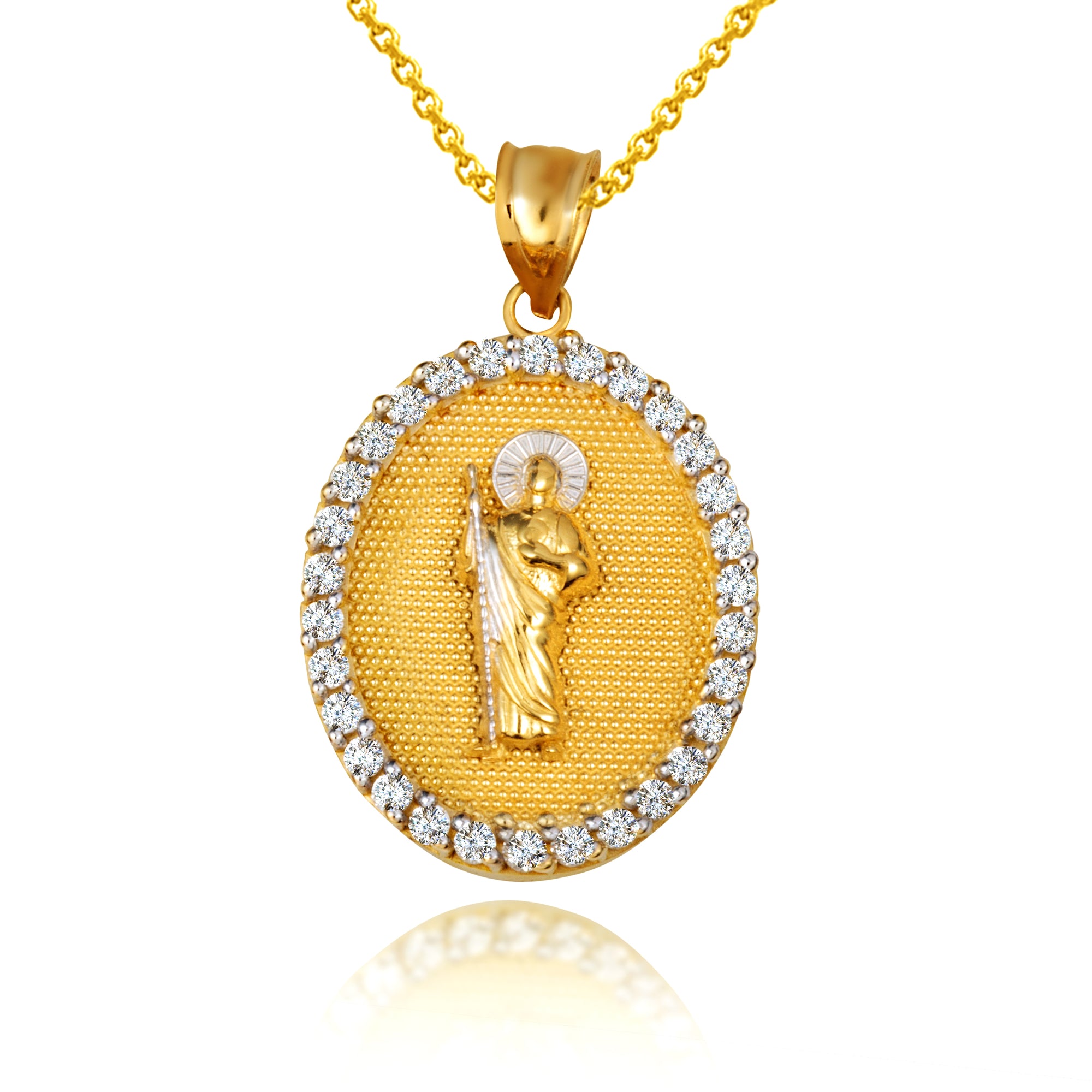 Two-Tone Gold Saint Jude Cubic Zirconia Oval Halo Beaded Medallion Pendant Necklace, view 5
