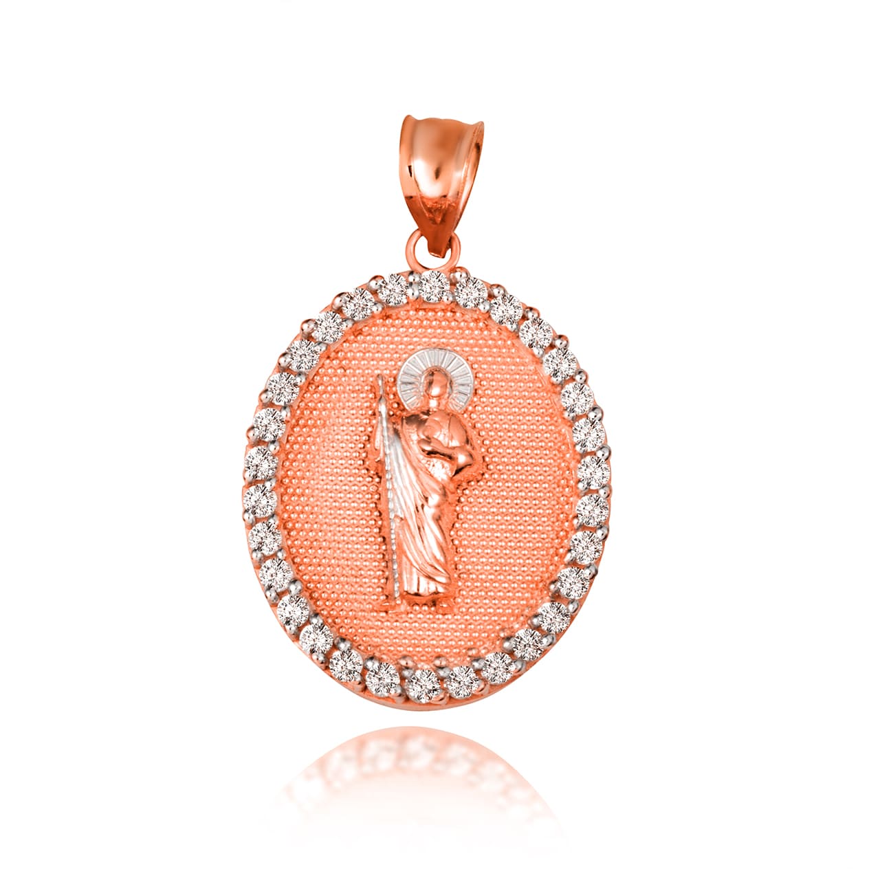 Two-Tone Gold Saint Jude Cubic Zirconia Oval Halo Beaded Medallion Pendant Necklace, view 8