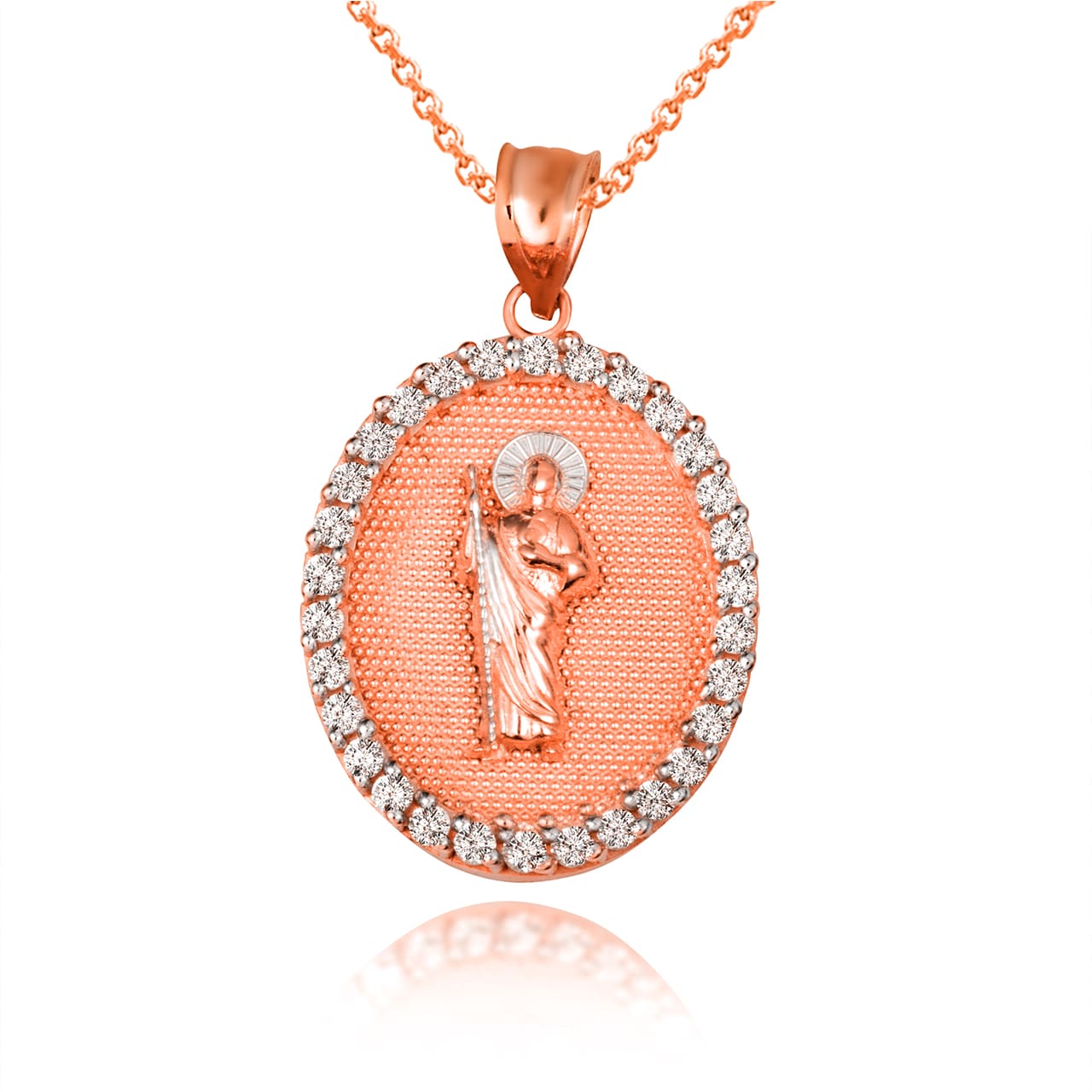 Two-Tone Gold Saint Jude Cubic Zirconia Oval Halo Beaded Medallion Pendant Necklace, view 9