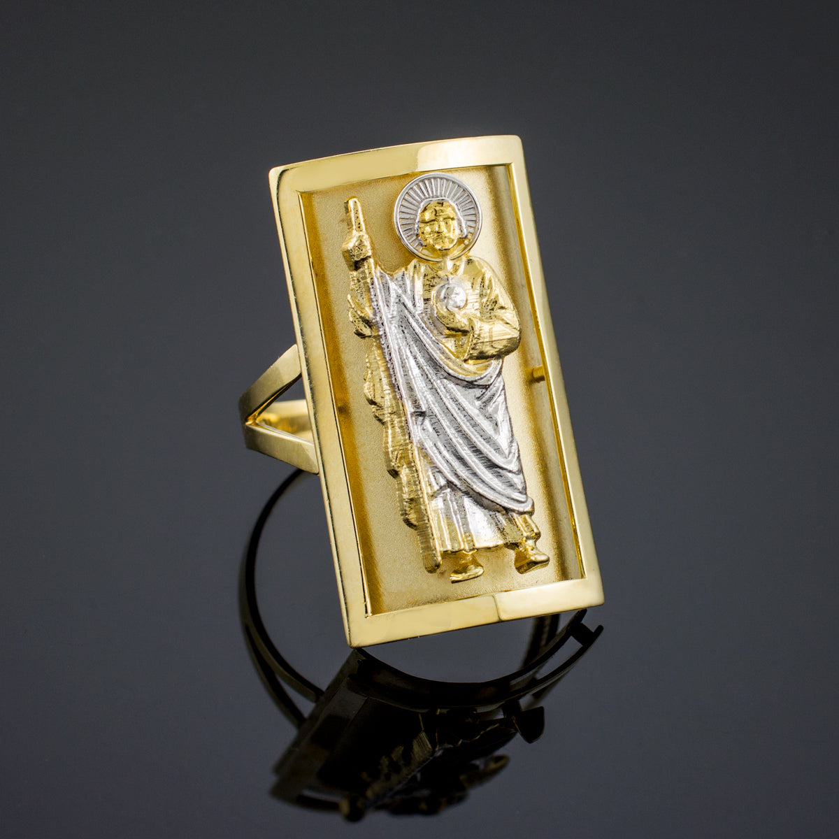 Two-Tone Gold Saint Jude Protection Shield Signet Ring (1.20"), view 3