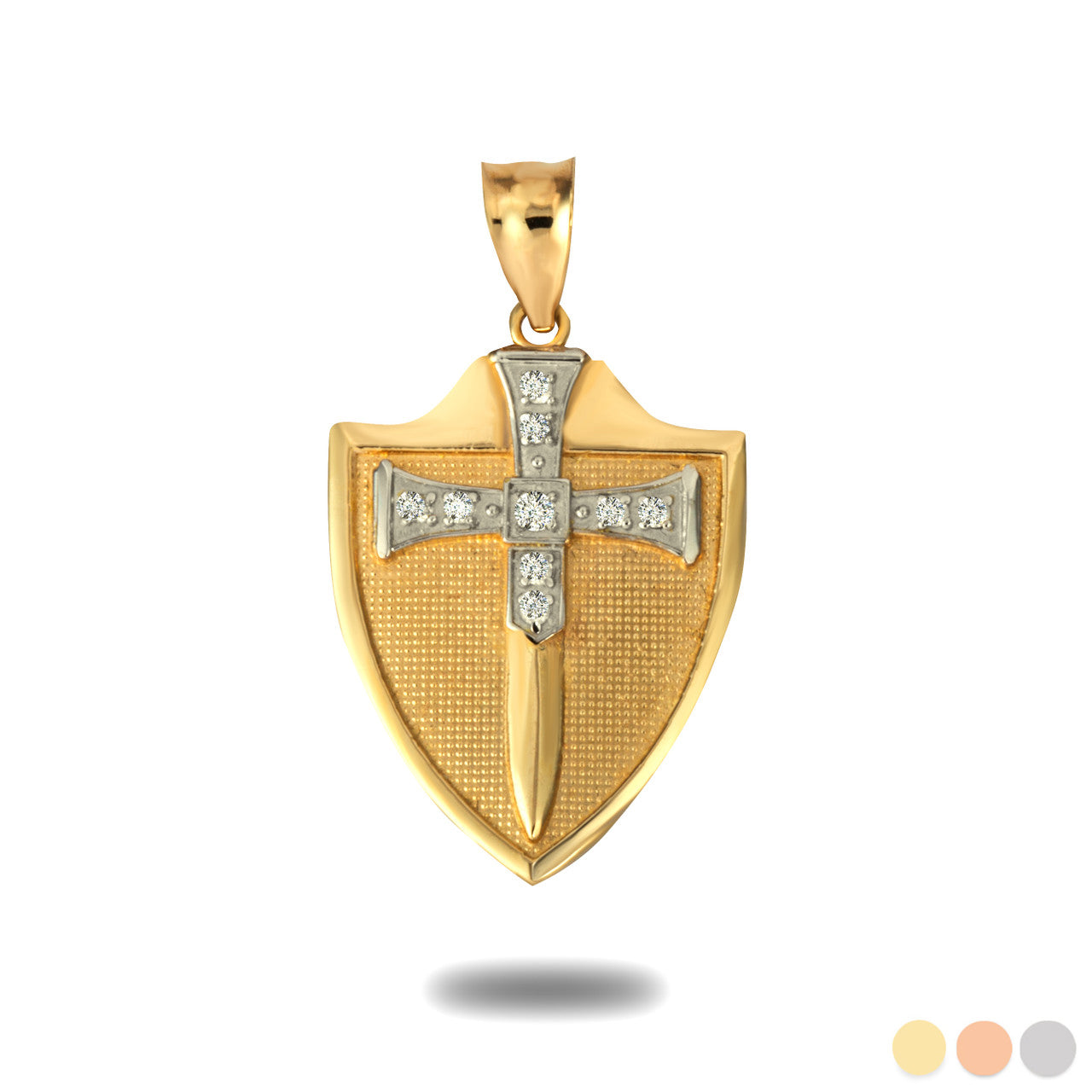 Two-Tone Gold Saint Michael Sword & Shield CZ Pendant Necklace