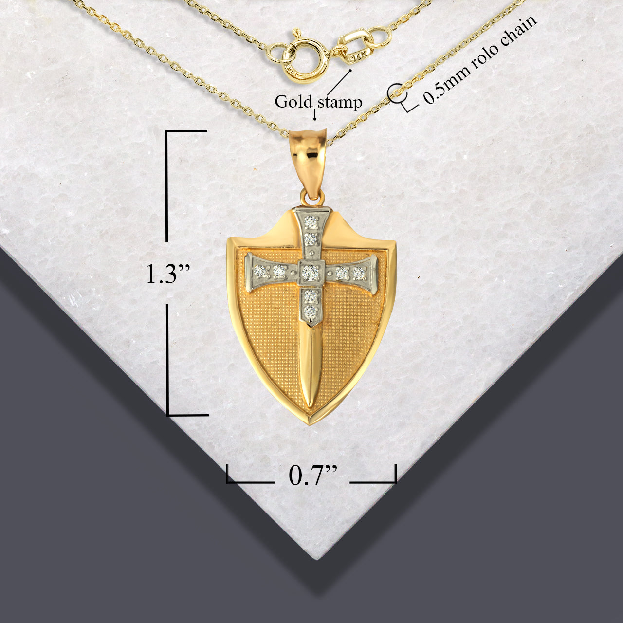 Two-Tone Gold Saint Michael Sword & Shield CZ Pendant Necklace, view 4