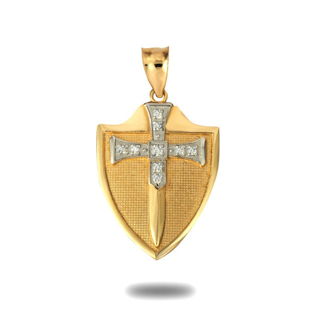 Two-Tone Gold Saint Michael Sword & Shield CZ Pendant Necklace, view 9