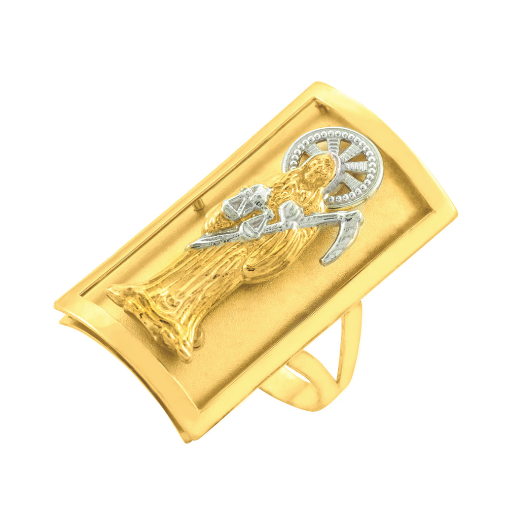 Two-Tone Gold Santa Muerte Protection Shield Signet Ring (0.90")