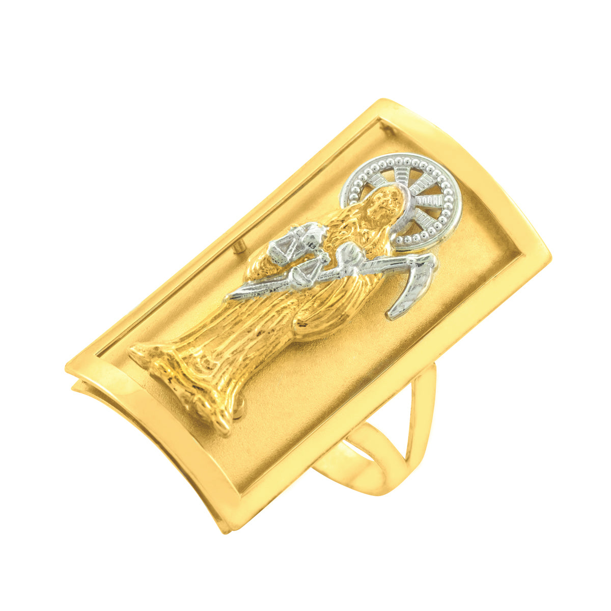 Two-Tone Gold Santa Muerte Protection Shield Signet Ring (0.90")