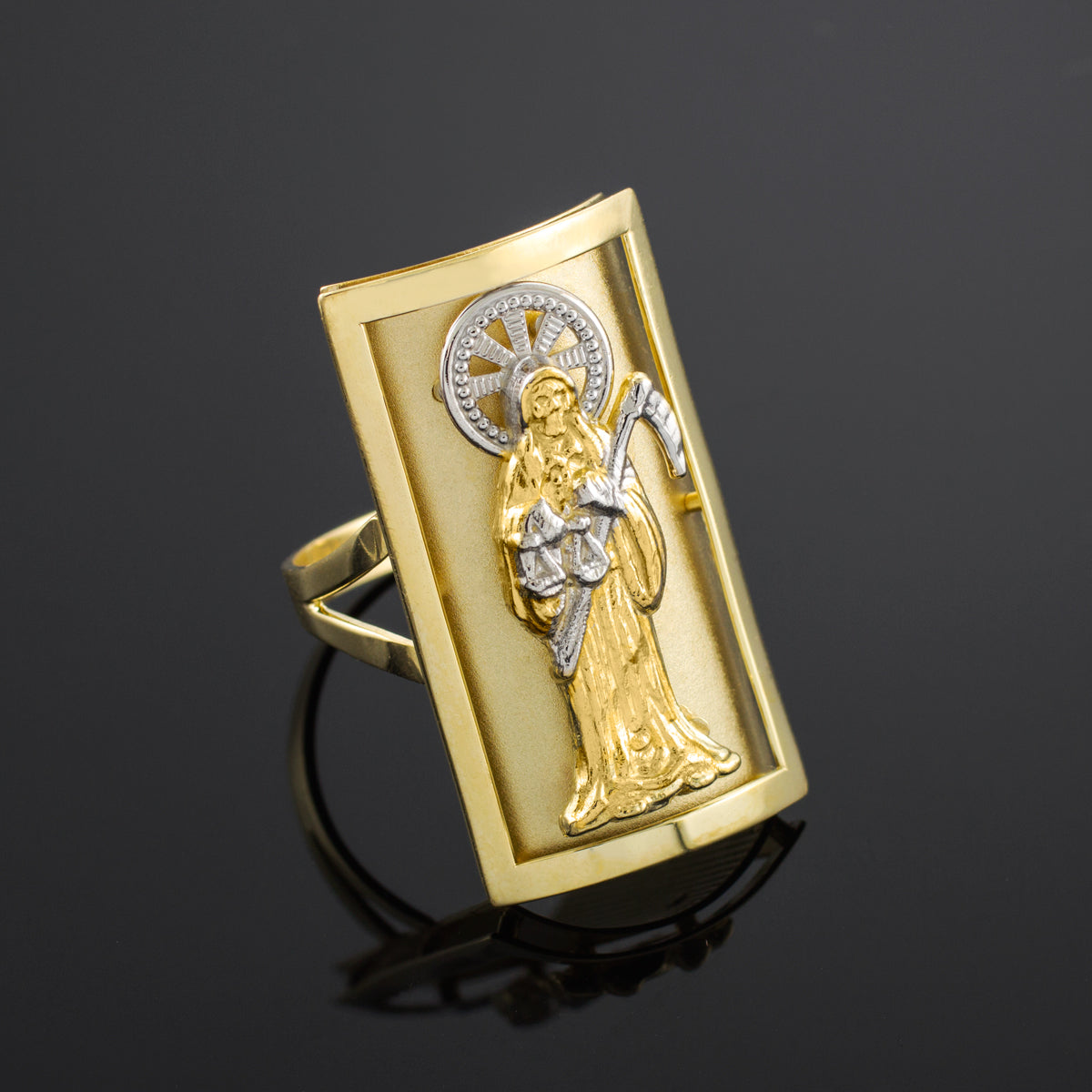 Two-Tone Gold Santa Muerte Protection Shield Signet Ring (0.90"), view 2
