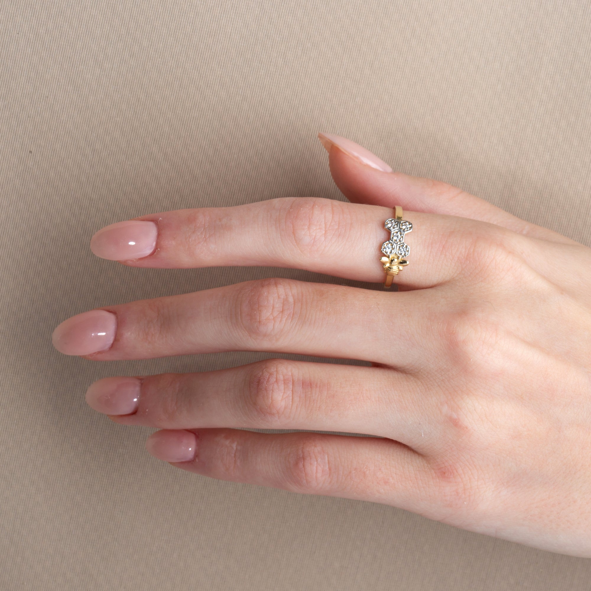 Two-Tone Gold Studded Honeycomb Bumble Bee Ring, view 2