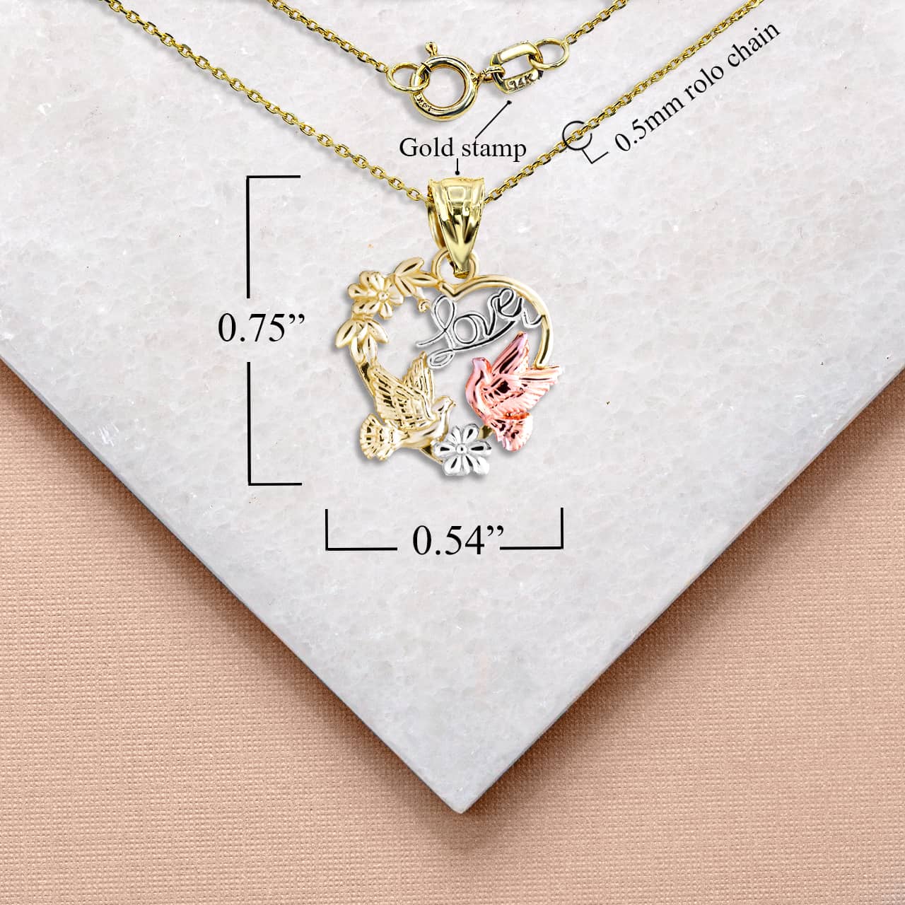 Two-Tone Love Birds Heart Pendant Necklace, view 3