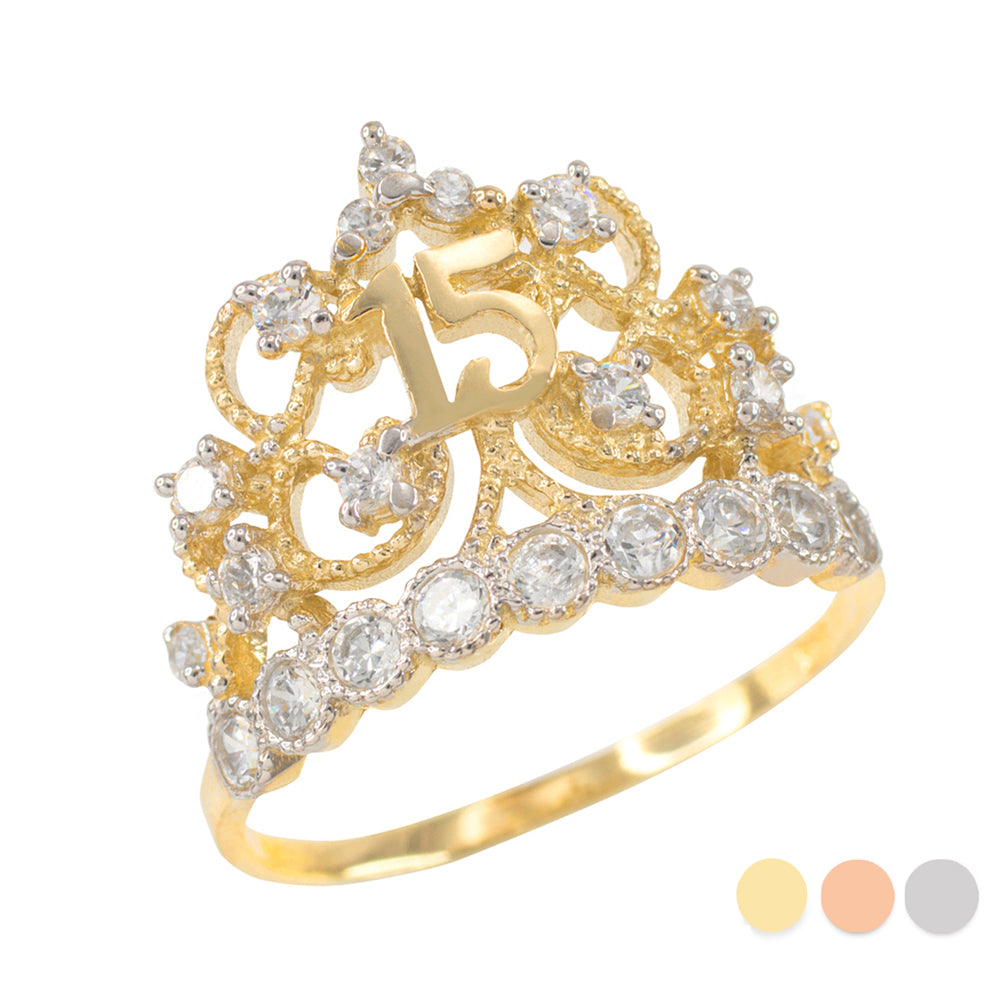 Two-Tone Solid Gold Cubic Zirconia Crown 15 Años Filigree Quinceañera Ring