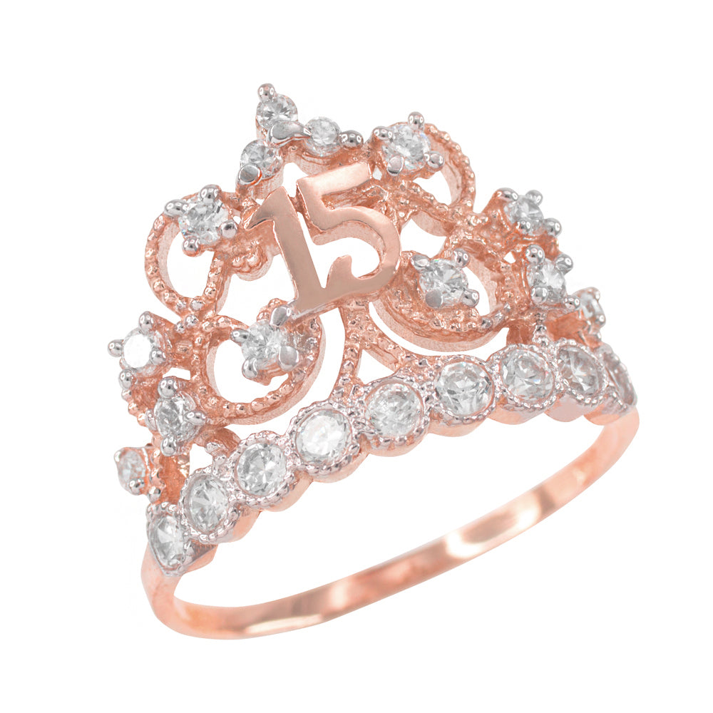 Two-Tone Solid Gold Cubic Zirconia Crown 15 Años Filigree Quinceañera Ring, view 2