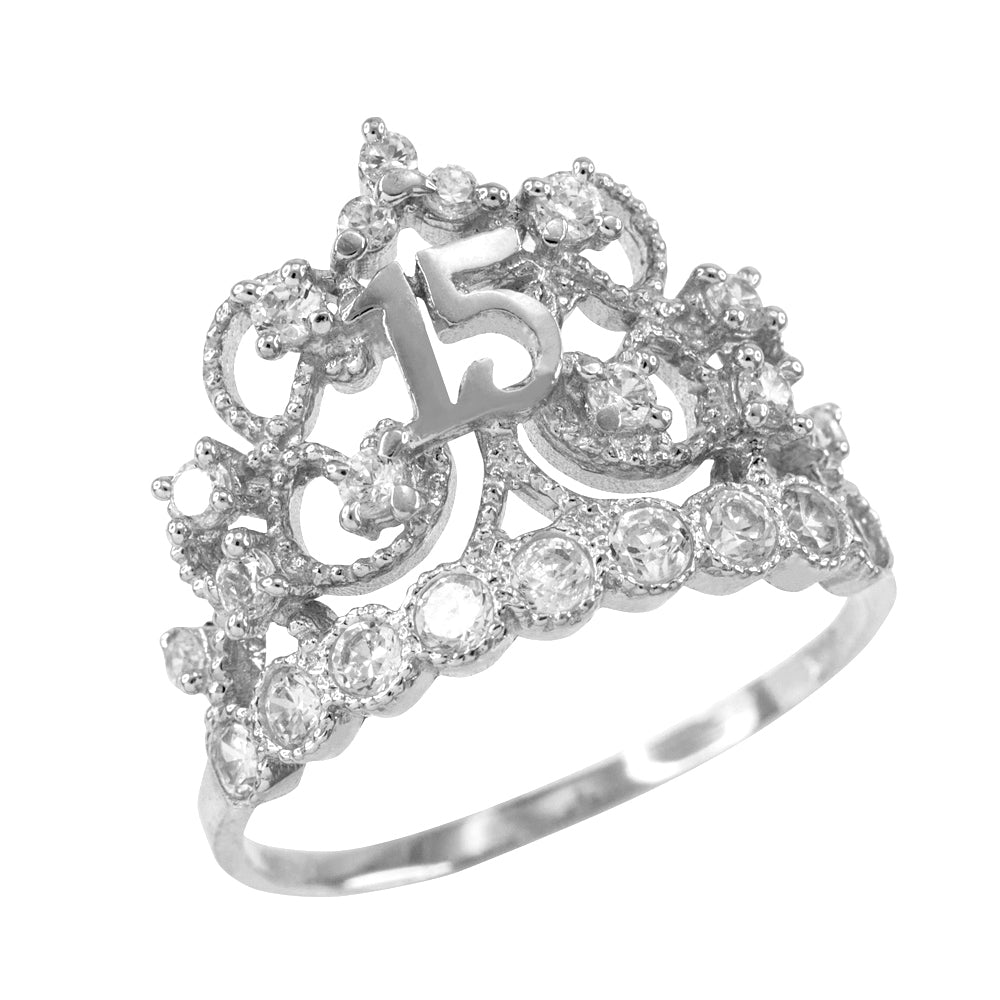 Two-Tone Solid Gold Cubic Zirconia Crown 15 Años Filigree Quinceañera Ring, view 3