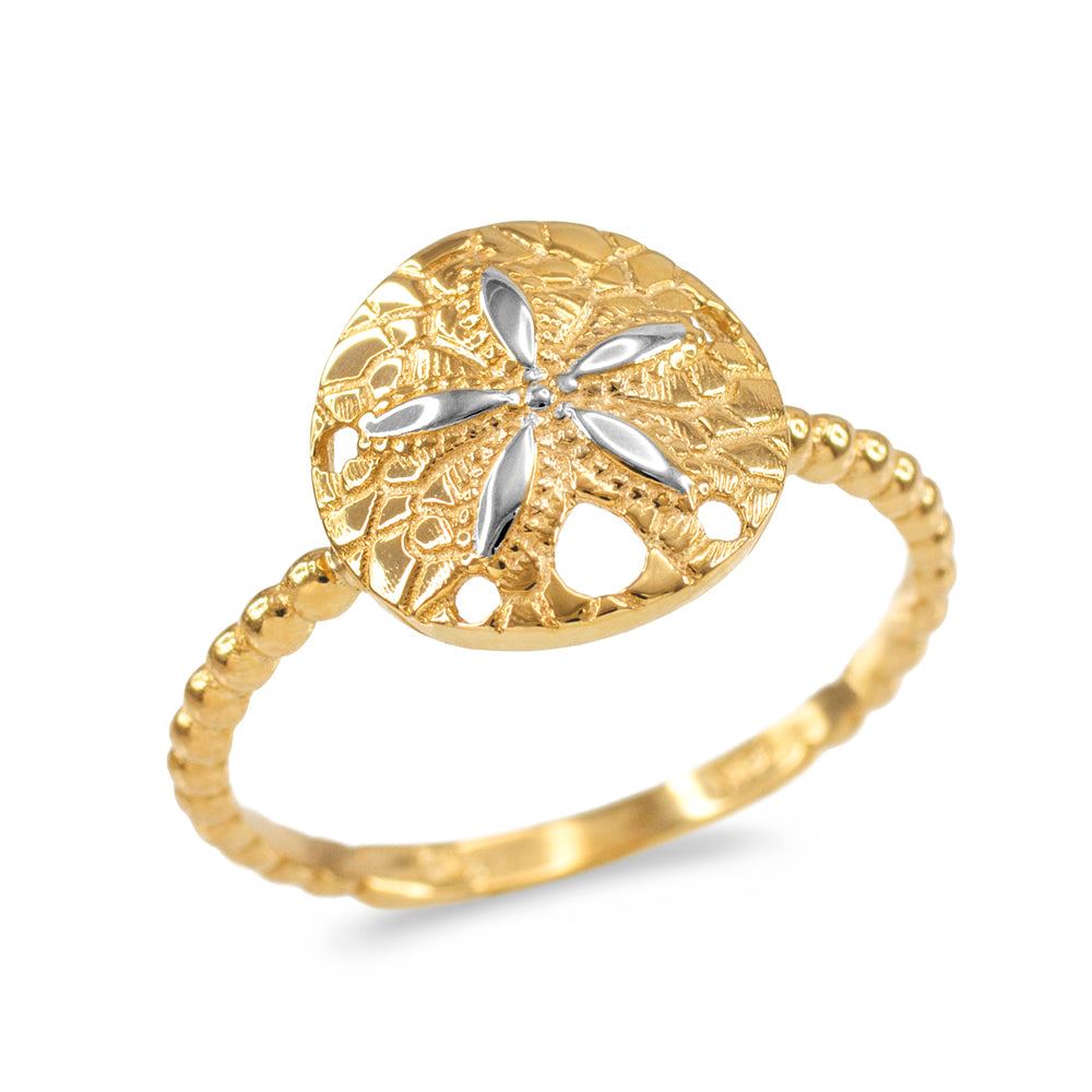 Two-Tone White and Yellow Gold Beaded Band Sand Dollar Ring
