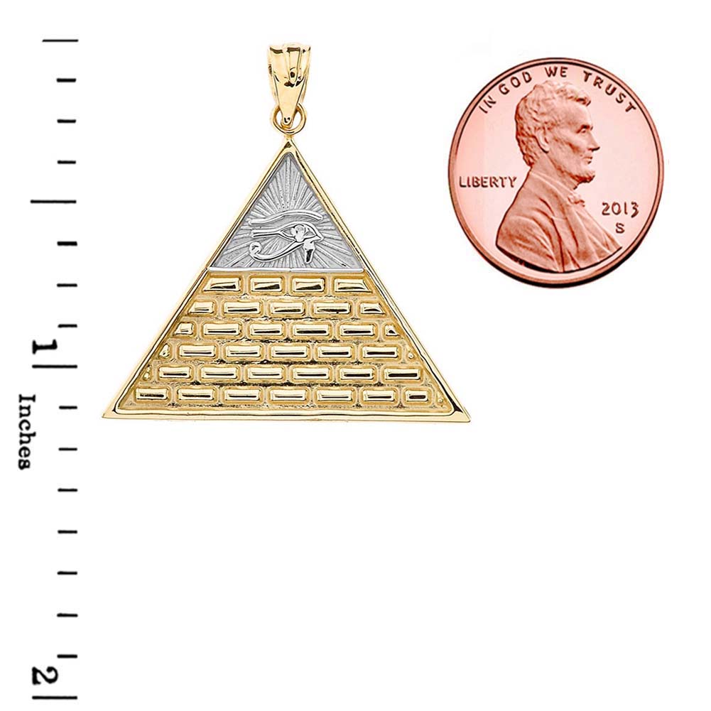 Two-Tone Yellow Gold Egyptian Eye of Ra/Providence Wedjat Pyramid Pendant Necklace, view 3