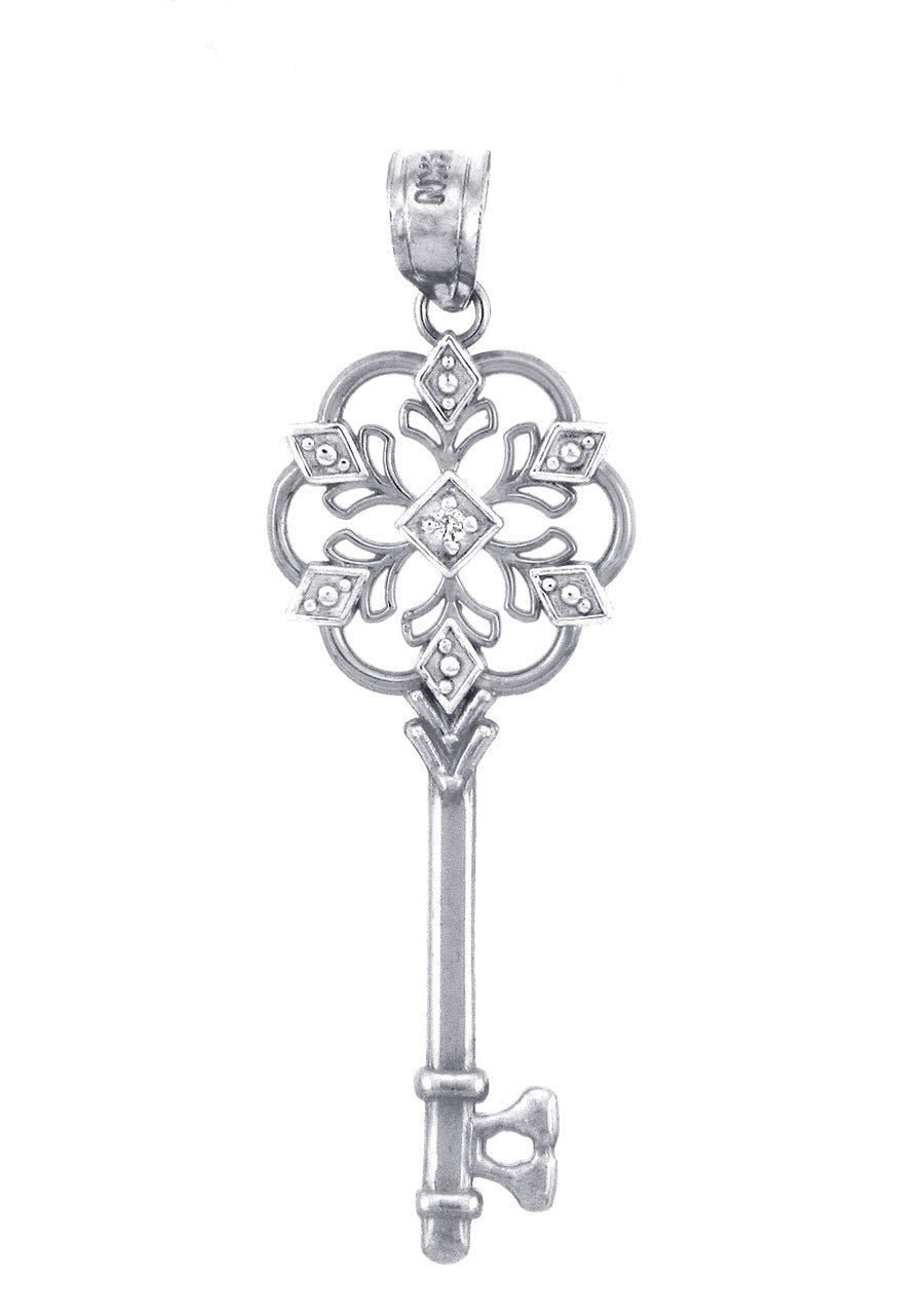 Valentines Special Heart Diamonds - White Gold Key Pendant with Diamond