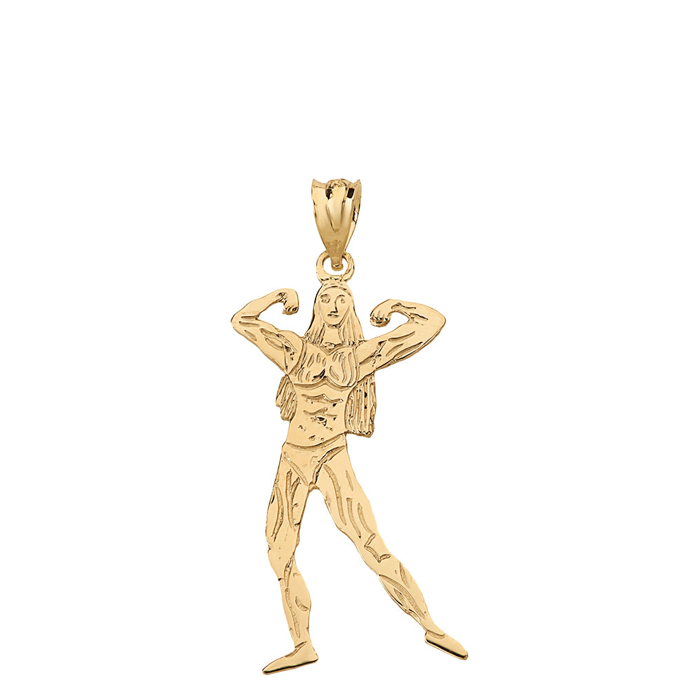 Weightlifting Fitness Sport Female Bodybuilder Pendant Necklace in Solid Gold, view 2