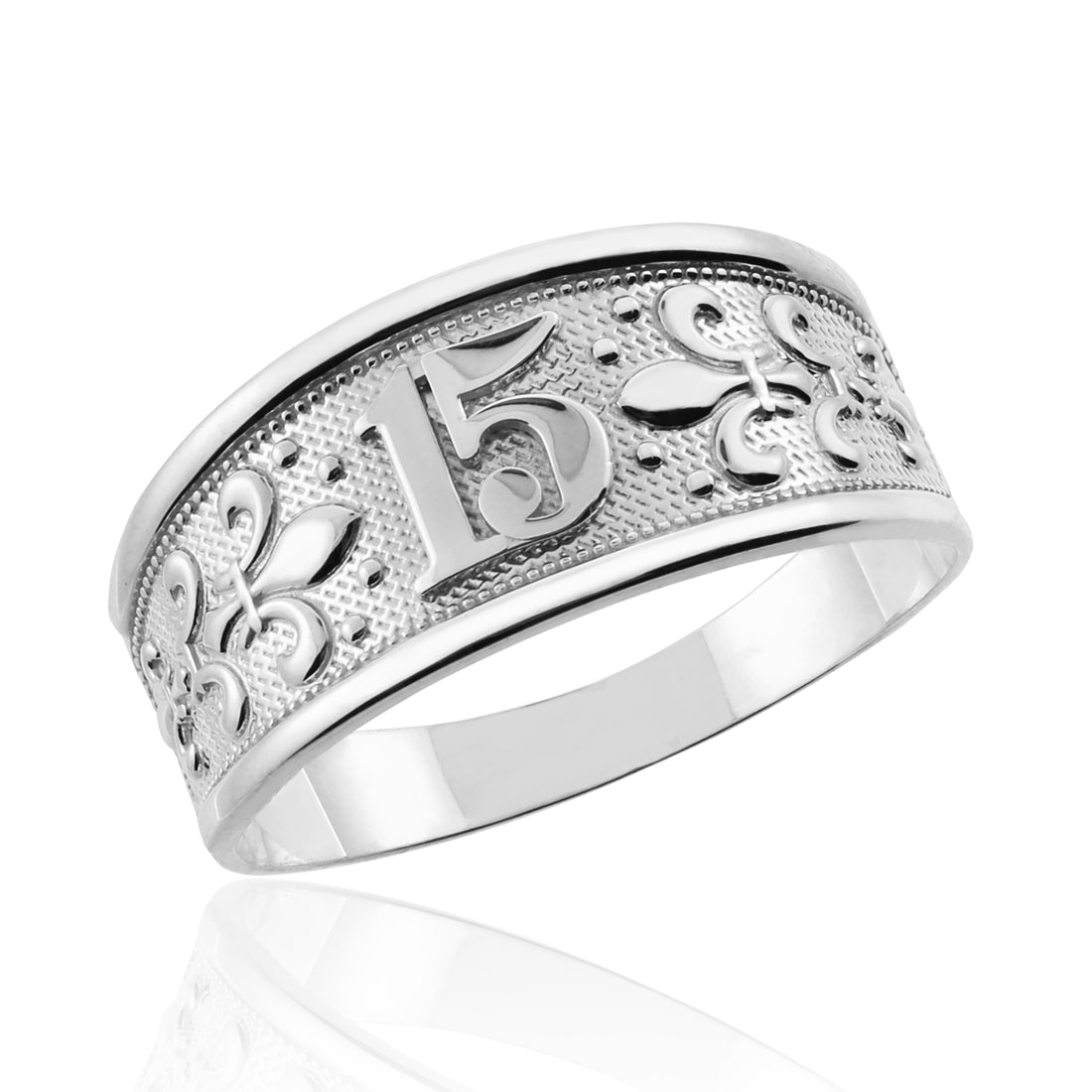 White Gold 15 Años Fleur-de-lis Quinceañera Textured Band Ring