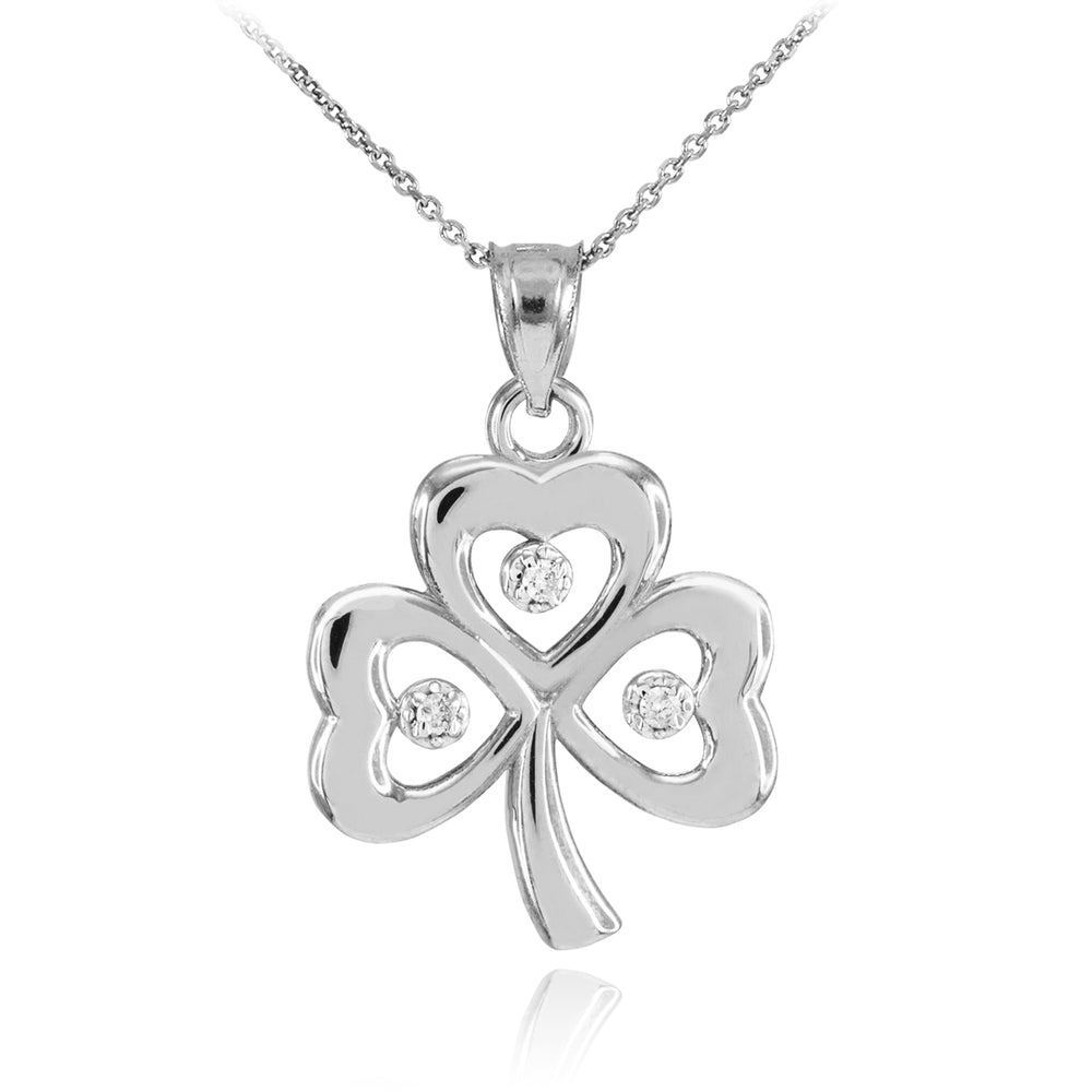 White Gold 3-Leaf Diamond Clover Pendant Necklace
