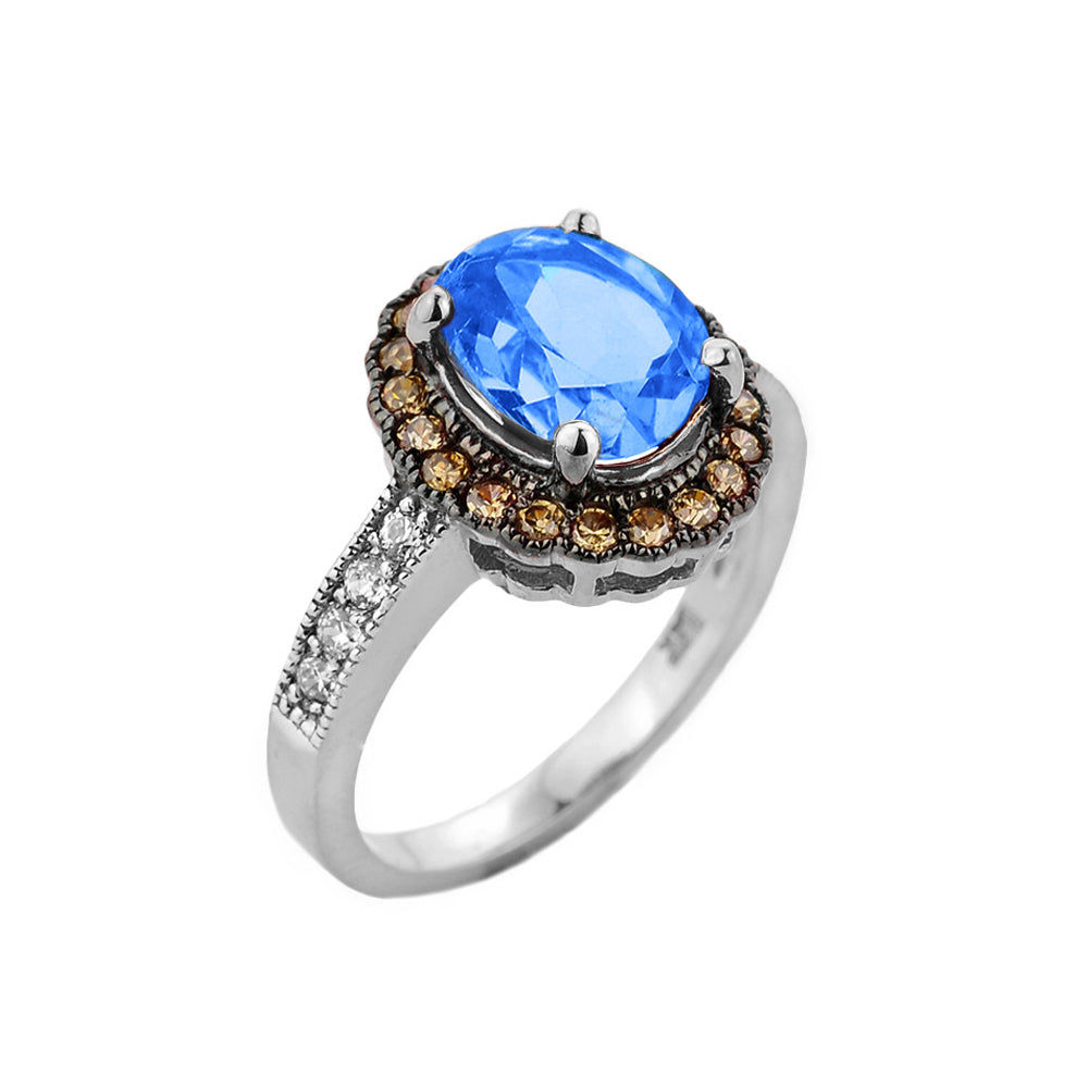 White Gold Blue Topaz Birthstone and Diamond Engagement Ring