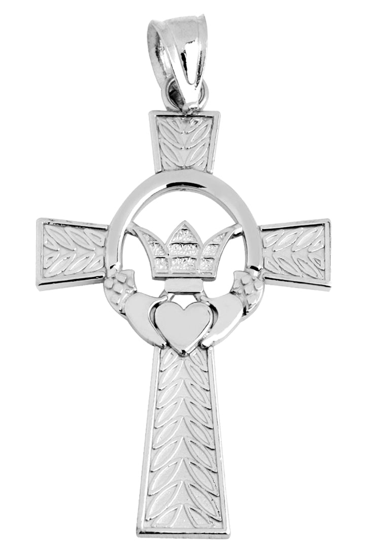White Gold Claddagh Irish Cross Pendant Necklace, view 2