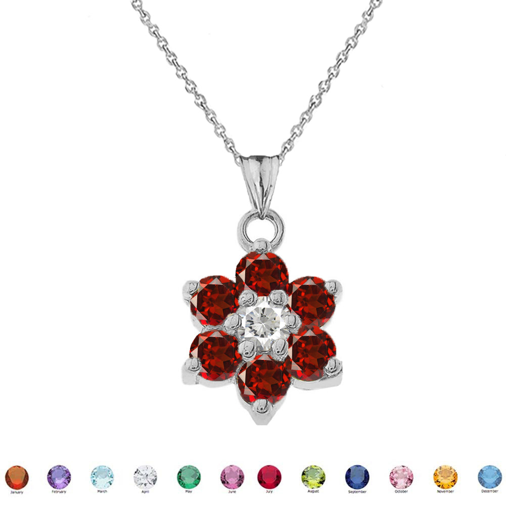 White Gold Custom Birthstone Flower Pendant Necklace