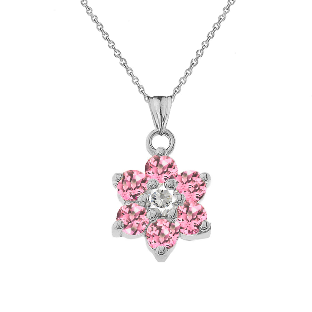 White Gold Custom Birthstone Flower Pendant Necklace, view 12