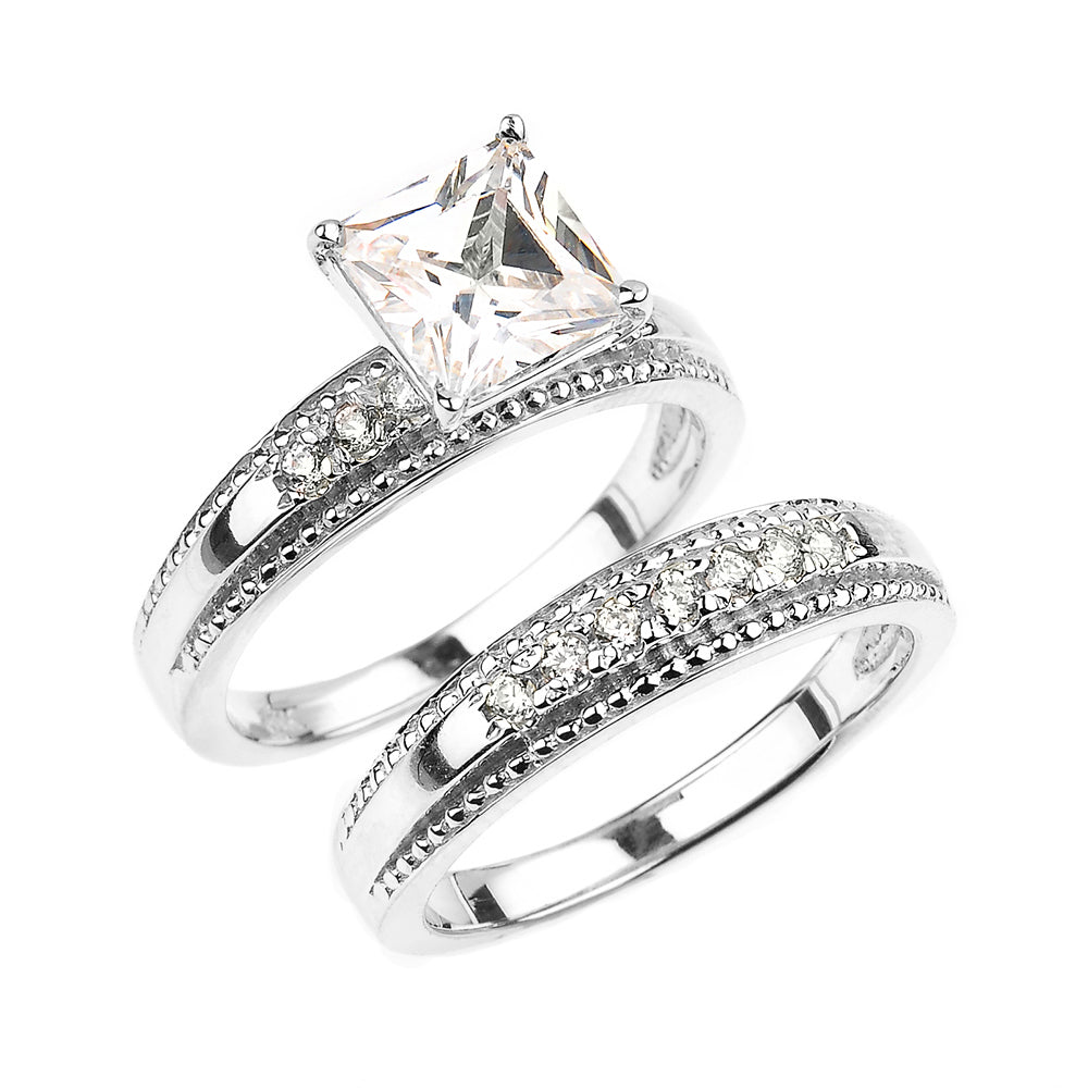 White Gold CZ Engagement Wedding Ring Set