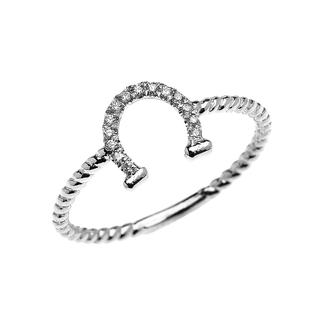 White Gold Dainty Diamond Horse Shoe Good Luck Rope Design Ring