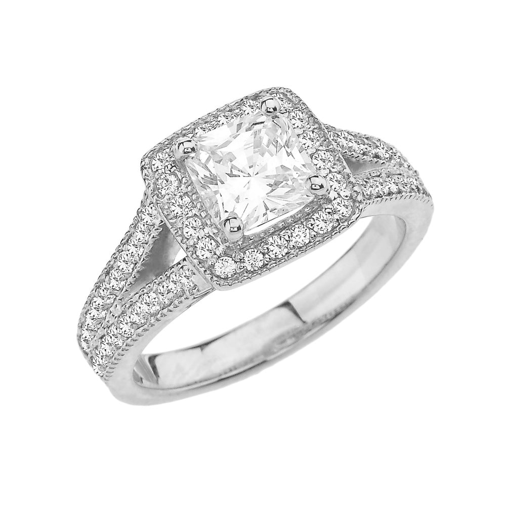 White Gold Diamond Halo Princess Cut Engagement/Proposal Ring With Cubic Zirconia Center Stone