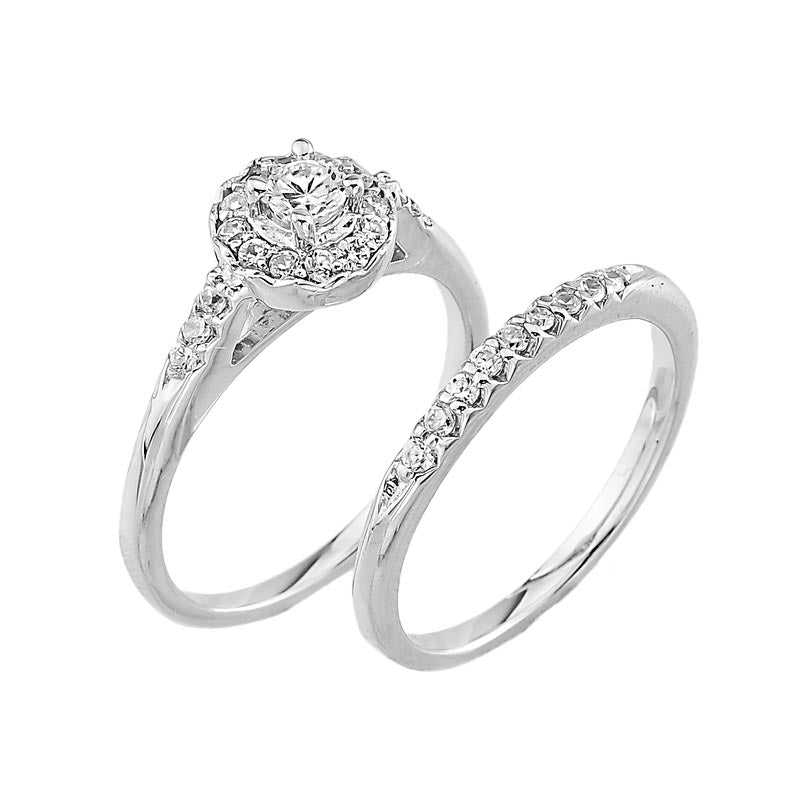 White Gold Diamond Halo Wedding Engagement Ring Set