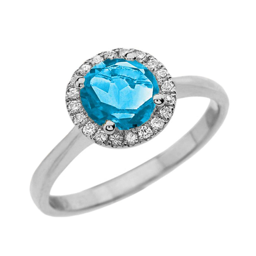 White Gold Diamond Round Halo Engagement/Proposal Ring With Blue Turquoise Center Stone