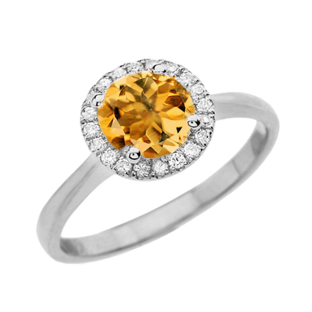 White Gold Diamond Round Halo Engagement/Proposal Ring With Citrine Center Stone