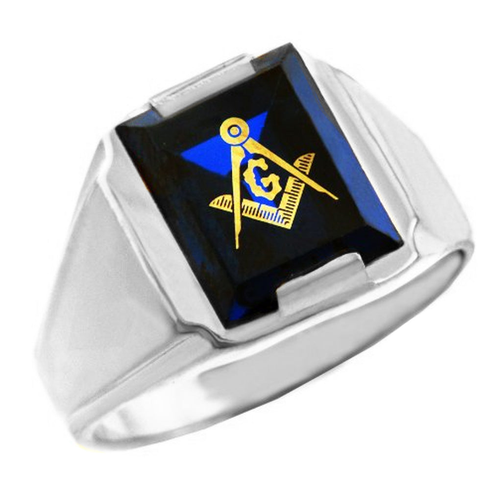 White Gold Freemason Blue Stone Square and Compass Masonic Men's Ring