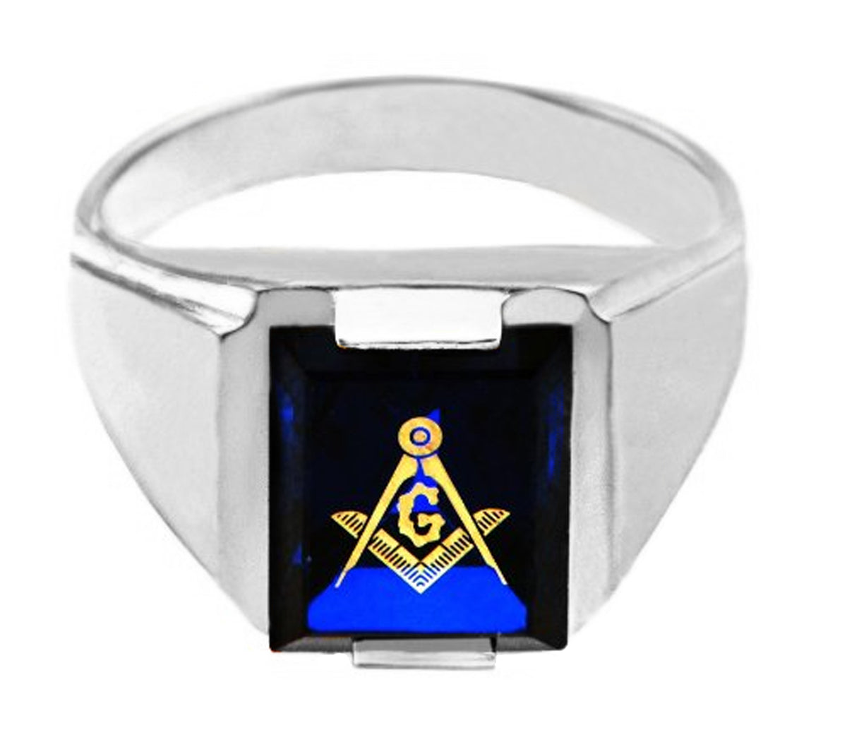 White Gold Freemason Blue Stone Square and Compass Masonic Men's Ring, view 2