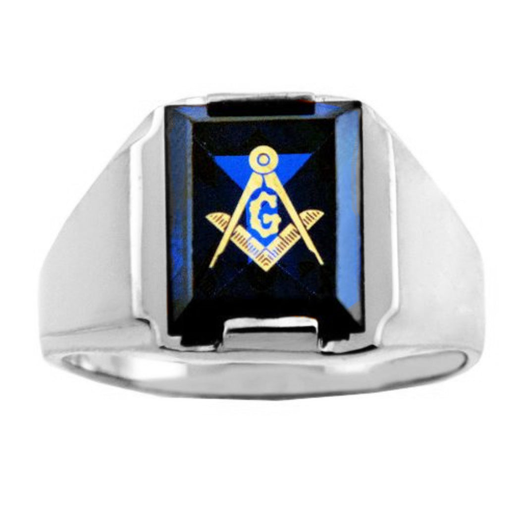 White Gold Freemason Blue Stone Square and Compass Masonic Men's Ring, view 3
