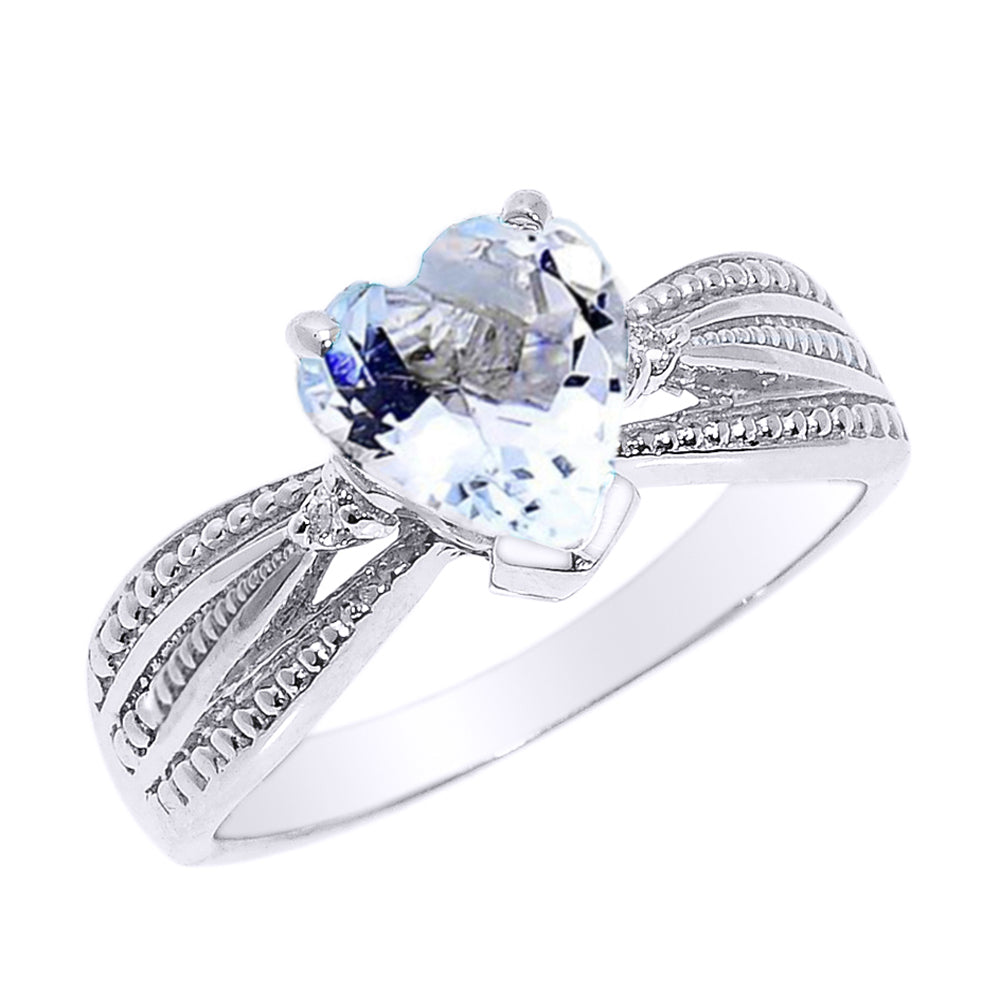 White Gold Heart Cut Aquamarine Gemstone Diamond Engagement Ring