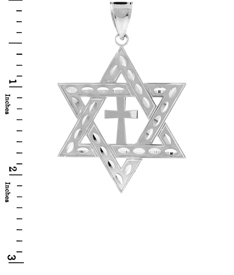 White Gold Jewish Star of David Cross Pendant (L) 2.2", view 3