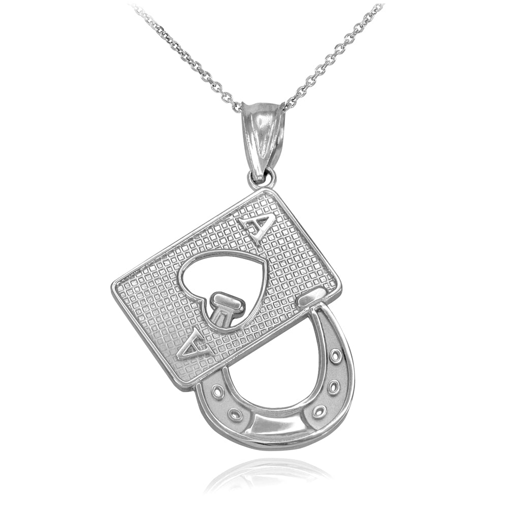 White Gold Lucky Ace Card Horseshoe Pendant Necklace