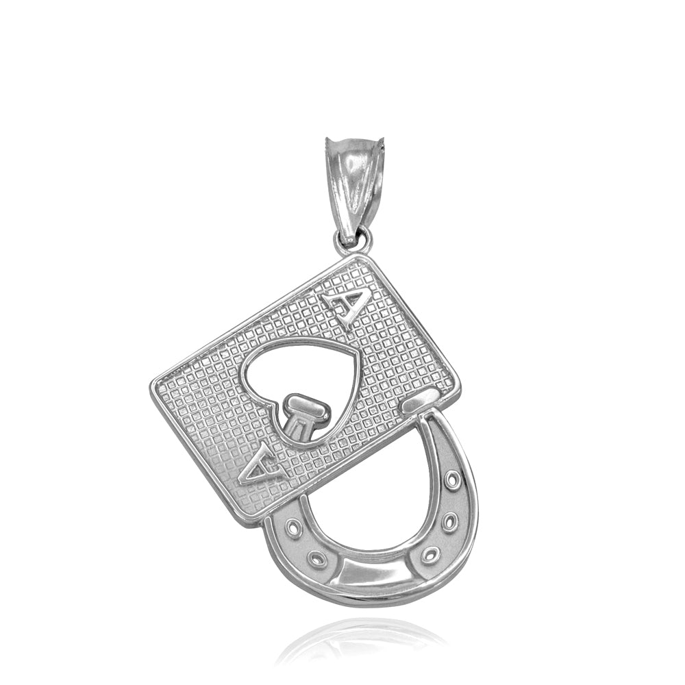 White Gold Lucky Ace Card Horseshoe Pendant Necklace, view 3