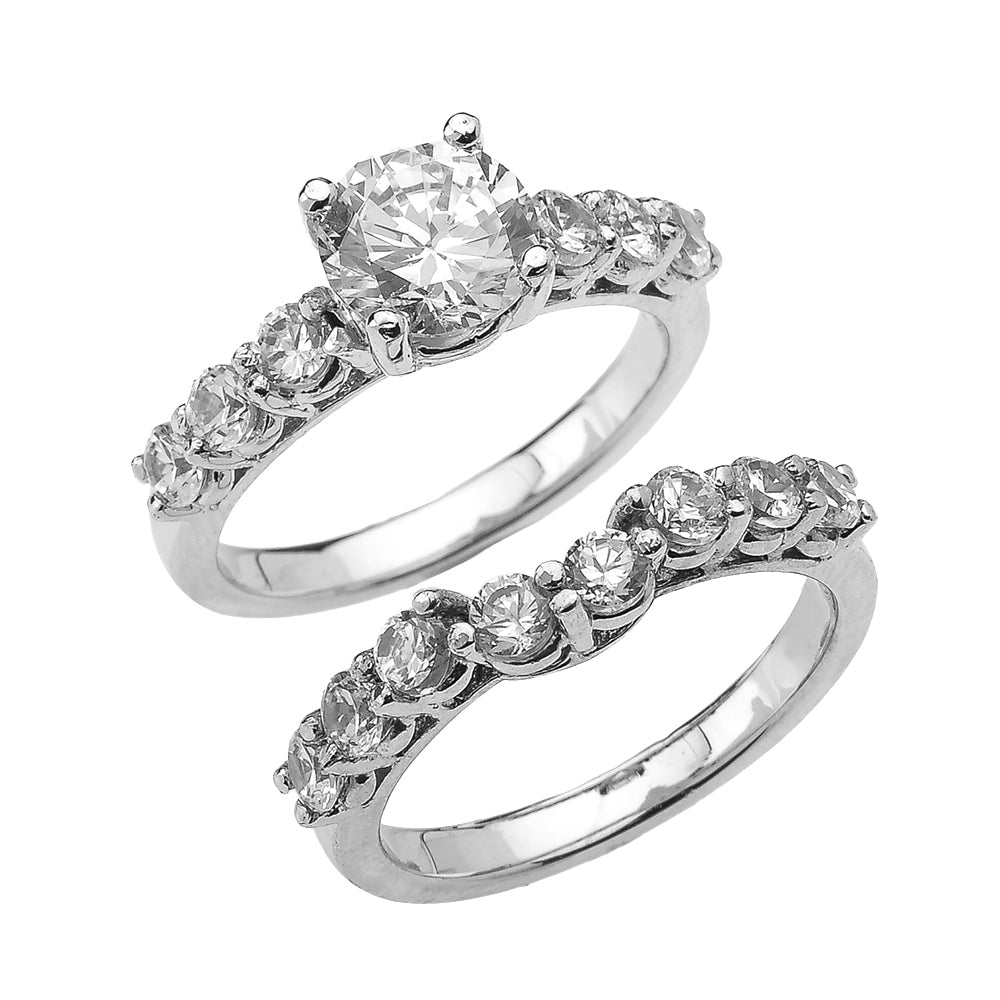 White Gold Round CZ Engagement Bridal Set