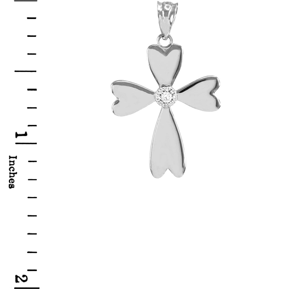 White Gold Solitaire Diamond Heart Cross Pendant Necklace, view 2