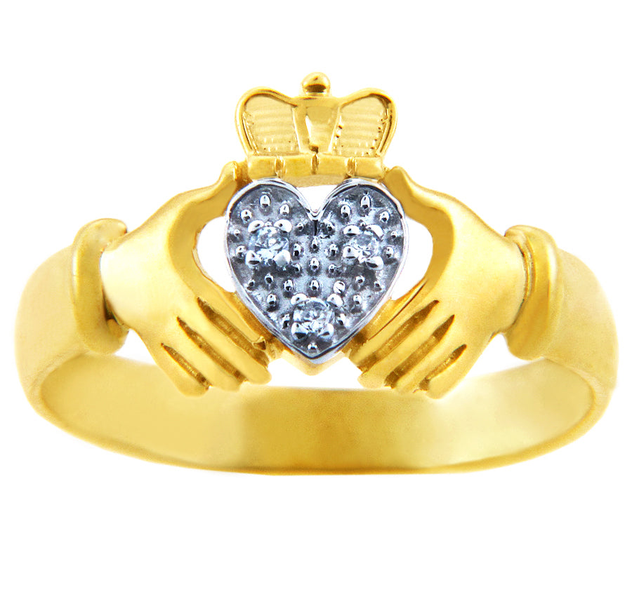 White Heart Two-Tone Gold Claddagh Ring with Diamonds