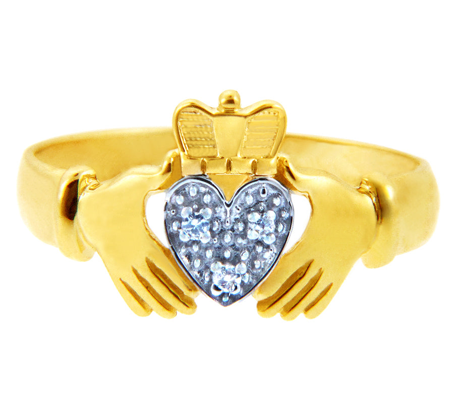 White Heart Two-Tone Gold Claddagh Ring with Diamonds, view 2